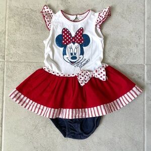 2-Pc Baby Girl 6-9M Disney Babies Minnie Mouse Dress Red White w Bloomer Pant